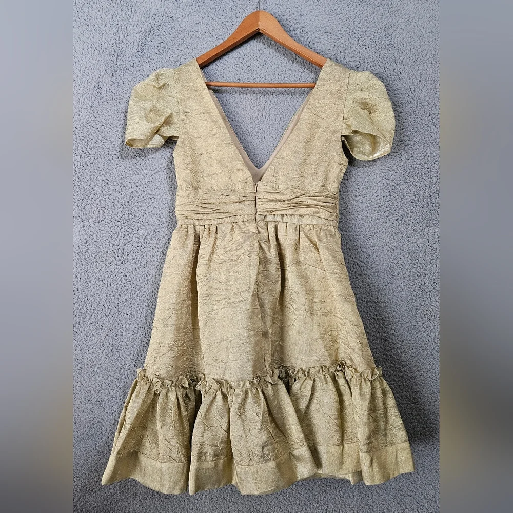 Basix II Gold Mini Dress Sz 4 Small Puff Sleeve Coquette Victorian Wedding Party - Picture 3 of 12